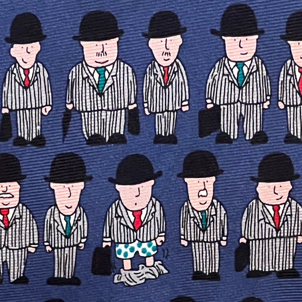 Authentic Tie Rack Iam Heath Three Person Design On Blue 100% Silk Necktie Tie